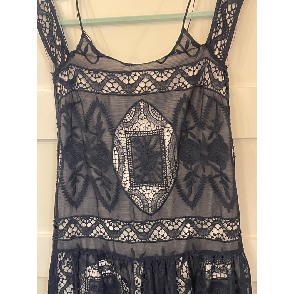 Art Artelier Nicole Miller Navy Lace Dress Petite Small Sheer Drop Waist Lined - Picture 3 of 7